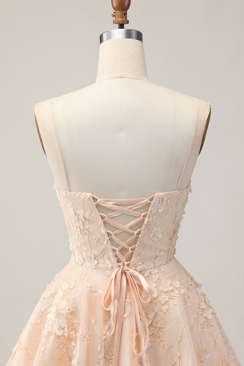 Load image into Gallery viewer, Apricot A Line Floral Spaghetti Straps Short Prom Dress