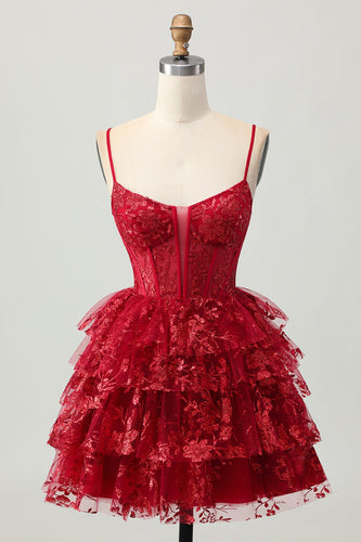 Sparkly Dark Red A Line Corset Short Tiered Prom Dress with Lace