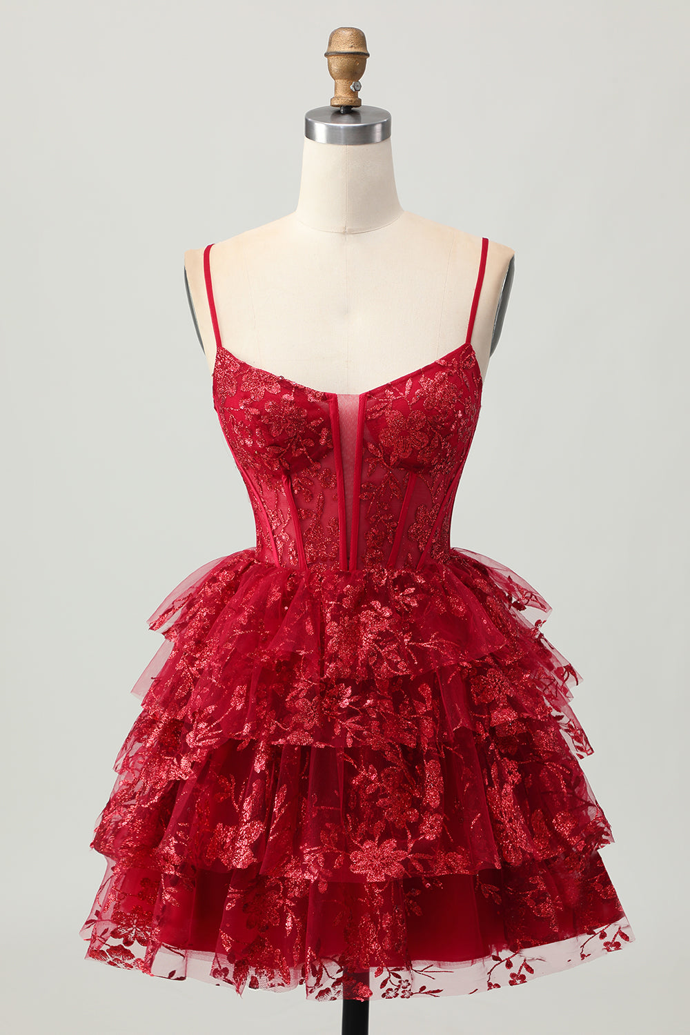 Sparkly Dark Red A Line Corset Short Tiered Prom Dress with Lace