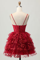 Load image into Gallery viewer, Sparkly Dark Red A Line Corset Short Tiered Prom Dress with Lace