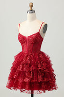 Load image into Gallery viewer, Sparkly Dark Red A Line Corset Short Tiered Prom Dress with Lace