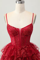 Load image into Gallery viewer, Sparkly Dark Red A Line Corset Short Tiered Prom Dress with Lace