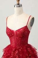 Load image into Gallery viewer, Sparkly Dark Red A Line Corset Short Tiered Prom Dress with Lace