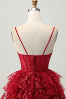 Load image into Gallery viewer, Sparkly Dark Red A Line Corset Short Tiered Prom Dress with Lace