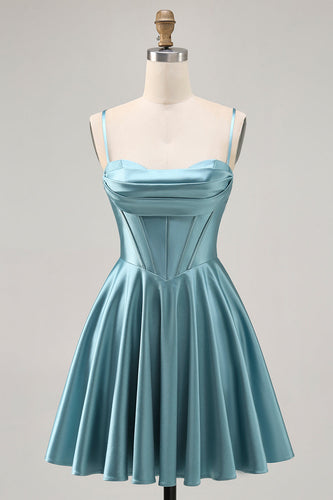 Grey Green Satin A Line Ruched Short Corset Prom Dress