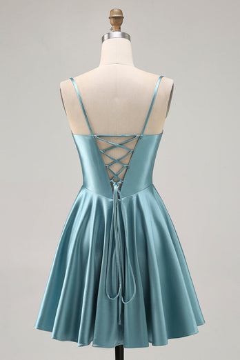 Grey Green Satin A Line Ruched Short Corset Prom Dress