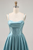 Load image into Gallery viewer, Grey Green Satin A Line Ruched Short Corset Prom Dress