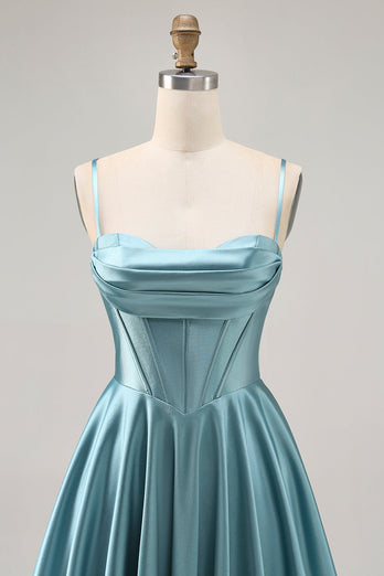 Grey Green Satin A Line Ruched Short Corset Prom Dress