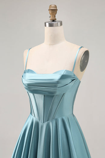 Grey Green Satin A Line Ruched Short Corset Prom Dress