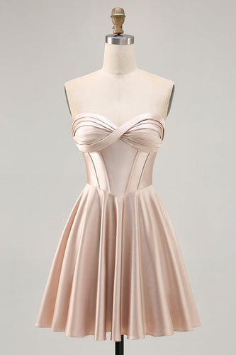 Champagne Sweetheart Satin Short Corset Prom Dress