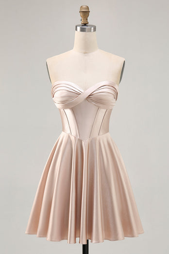 Champagne Sweetheart Satin Short Corset Prom Dress