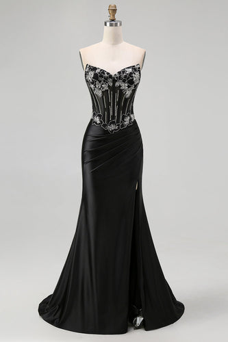Sparkly Black Beaded Mermaid Corset Long Prom Dress with Slit