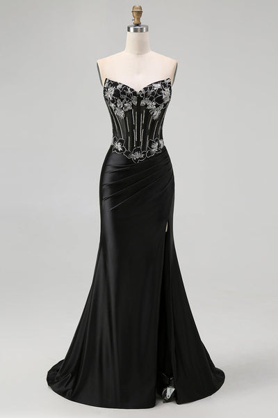 Sparkly Black Beaded Mermaid Corset Long Prom Dress with Slit