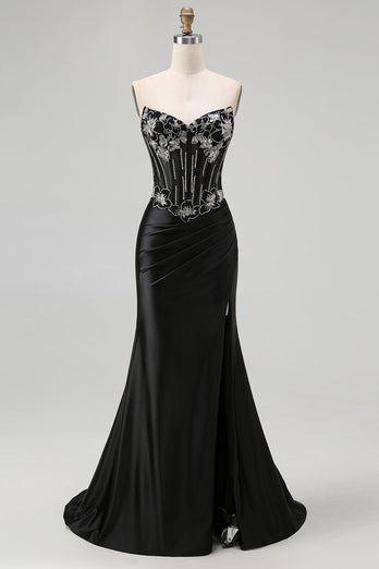 Sparkly Black Beaded Mermaid Corset Long Prom Dress with Slit