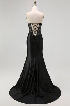 Sparkly Black Beaded Mermaid Corset Long Prom Dress with Slit