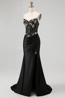 Load image into Gallery viewer, Sparkly Black Beaded Mermaid Corset Long Prom Dress with Slit