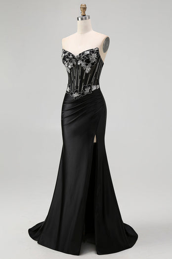 Sparkly Black Beaded Mermaid Corset Long Prom Dress with Slit