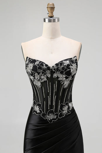 Sparkly Black Beaded Mermaid Corset Long Prom Dress with Slit