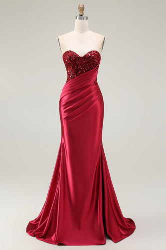 Sparkly Red Mermaid Sweetheart Long Sequin Prom Dress