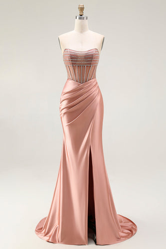Sparkly Blush Strapless Mermaid Ruched Long Prom Dress with Slit