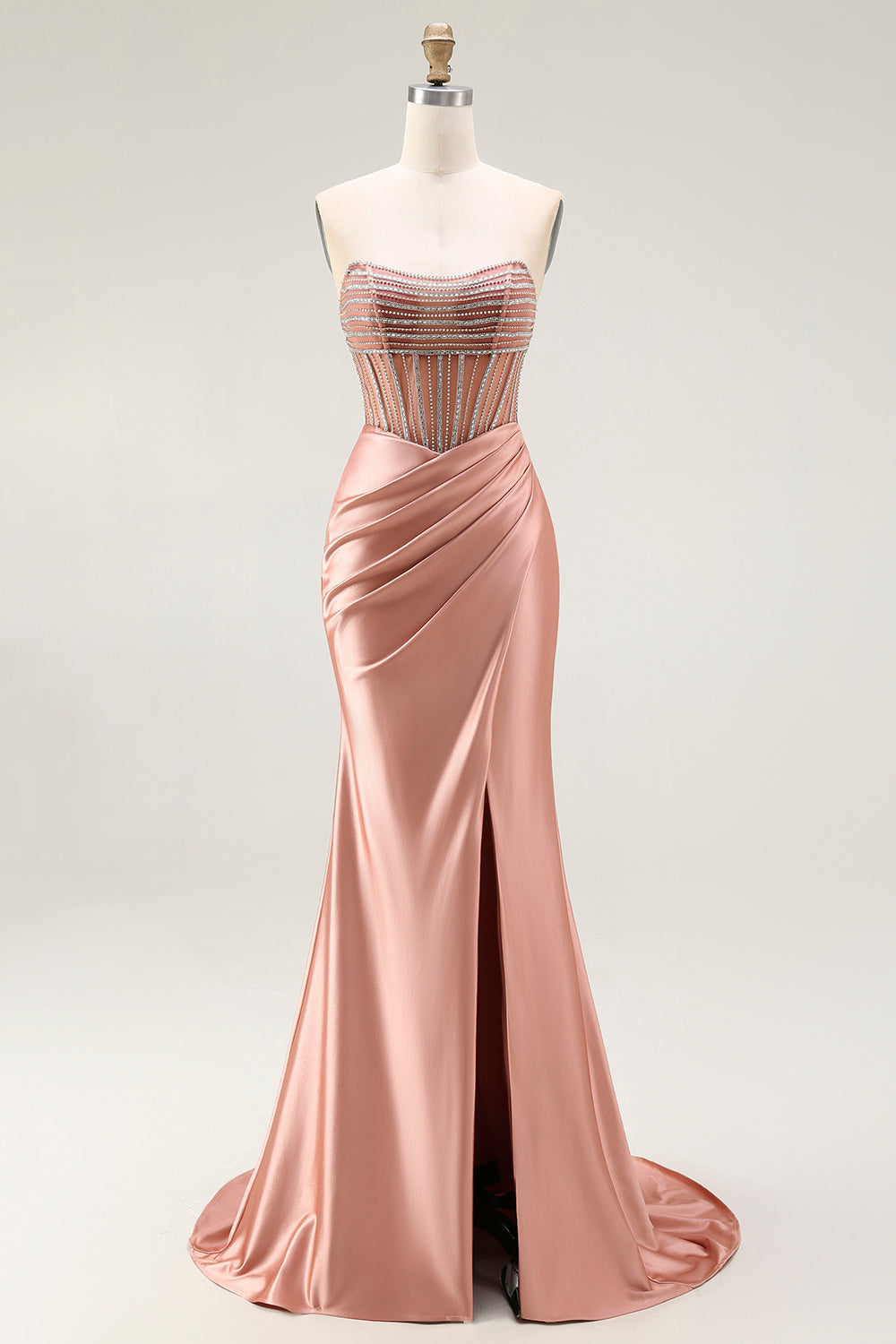 Sparkly Blush Strapless Mermaid Ruched Long Prom Dress with Slit
