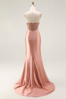 Sparkly Blush Strapless Mermaid Ruched Long Prom Dress with Slit