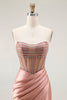 Load image into Gallery viewer, Sparkly Blush Strapless Mermaid Ruched Long Prom Dress with Slit