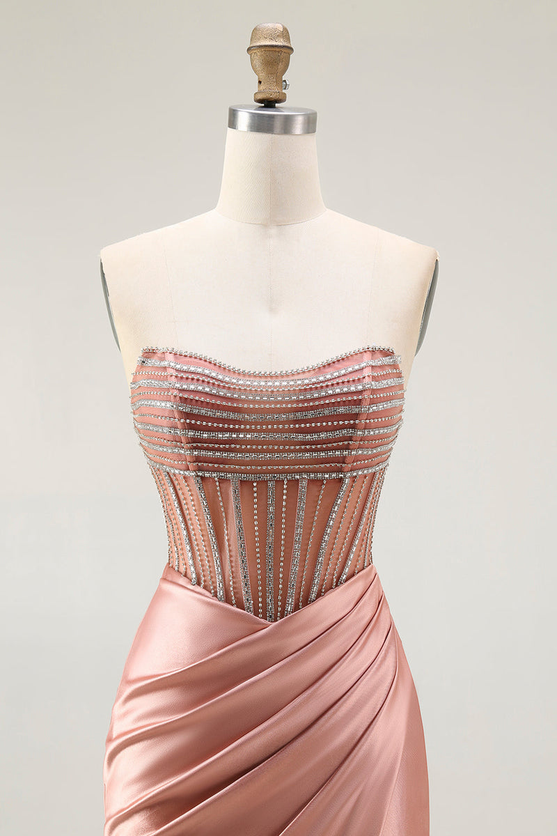 Load image into Gallery viewer, Sparkly Blush Strapless Mermaid Ruched Long Prom Dress with Slit