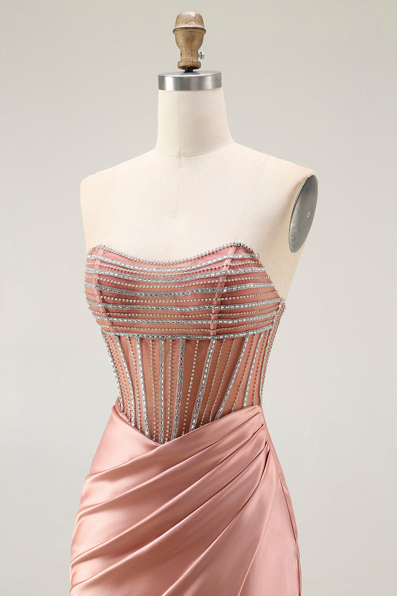 Load image into Gallery viewer, Sparkly Blush Strapless Mermaid Ruched Long Prom Dress with Slit
