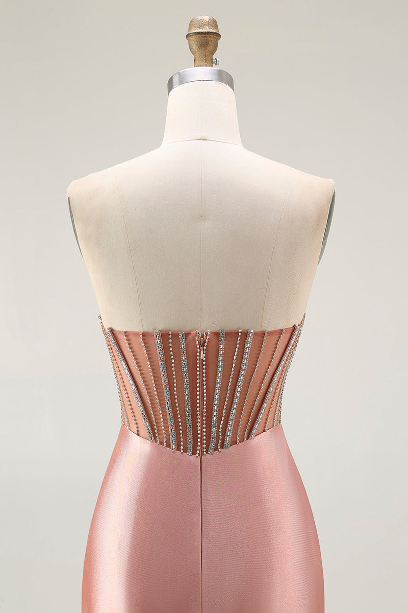 Load image into Gallery viewer, Sparkly Blush Strapless Mermaid Ruched Long Prom Dress with Slit
