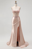 Load image into Gallery viewer, Sparkly Champagne Mermaid Satin Spaghetti Straps Long Prom Dress with Beading