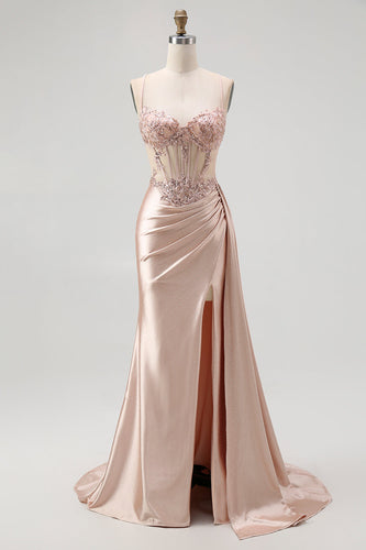 Sparkly Champagne Mermaid Satin Spaghetti Straps Long Prom Dress with Beading