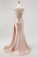 Load image into Gallery viewer, Sparkly Champagne Mermaid Satin Spaghetti Straps Long Prom Dress with Beading