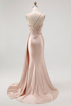 Sparkly Champagne Mermaid Satin Spaghetti Straps Long Prom Dress with Beading