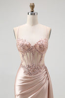 Load image into Gallery viewer, Sparkly Champagne Mermaid Satin Spaghetti Straps Long Prom Dress with Beading