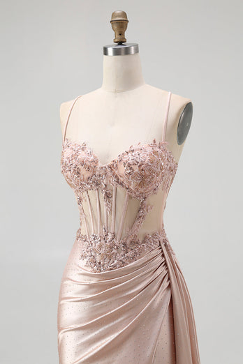 Sparkly Champagne Mermaid Satin Spaghetti Straps Long Prom Dress with Beading