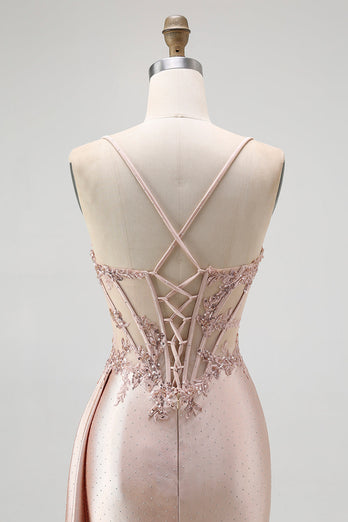 Sparkly Champagne Mermaid Satin Spaghetti Straps Long Prom Dress with Beading
