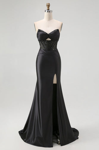 Sparkly Black Mermaid Sweetheart Satin Long Corset Prom Dress with Beading