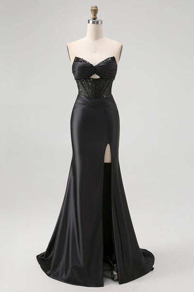 Sparkly Black Mermaid Sweetheart Satin Long Corset Prom Dress with Beading