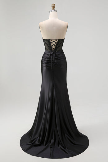 Sparkly Black Mermaid Sweetheart Satin Long Corset Prom Dress with Beading