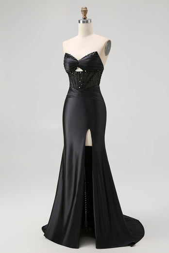 Sparkly Black Mermaid Sweetheart Satin Long Corset Prom Dress with Beading