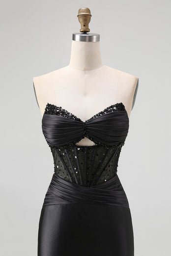 Sparkly Black Mermaid Sweetheart Satin Long Corset Prom Dress with Beading