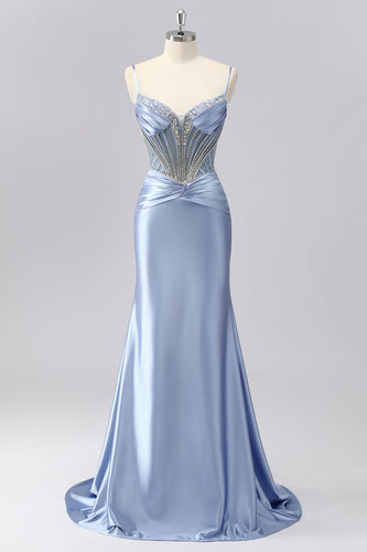 Sparkly Grey Blue Spaghetti Straps Mermaid Long Prom Dress with Beading