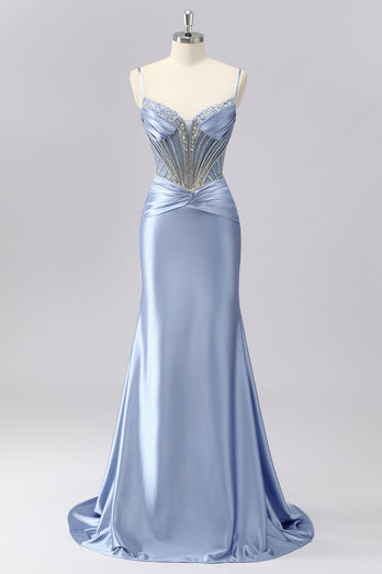 Sparkly Grey Blue Spaghetti Straps Mermaid Long Prom Dress with Beading