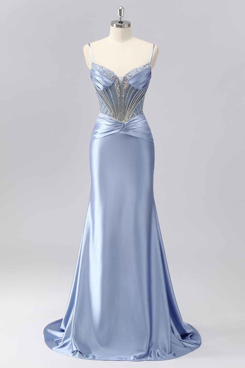 Sparkly Grey Blue Spaghetti Straps Mermaid Long Prom Dress with Beading
