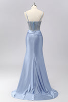 Load image into Gallery viewer, Sparkly Grey Blue Spaghetti Straps Mermaid Long Prom Dress with Beading
