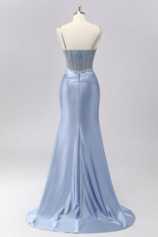Sparkly Grey Blue Spaghetti Straps Mermaid Long Prom Dress with Beading