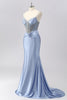 Load image into Gallery viewer, Sparkly Grey Blue Spaghetti Straps Mermaid Long Prom Dress with Beading