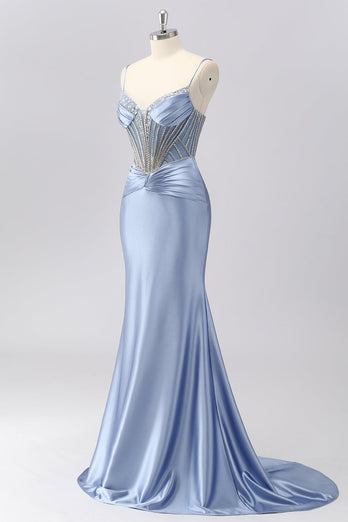 Sparkly Grey Blue Spaghetti Straps Mermaid Long Prom Dress with Beading