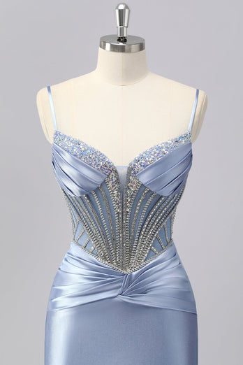 Sparkly Grey Blue Spaghetti Straps Mermaid Long Prom Dress with Beading